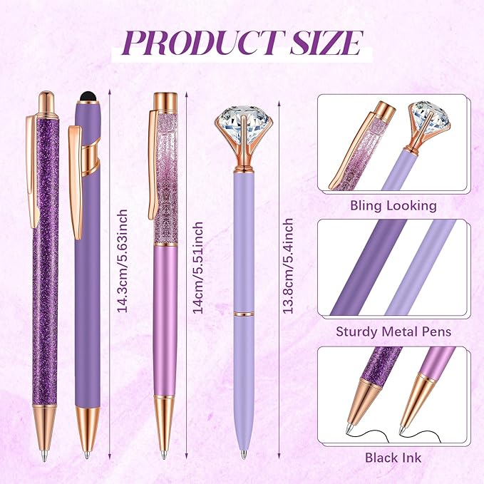 Sabary 8 Pcs Purple Pens with Pen Holder for Desk Glitter Crystal Diamond Cute Ballpoint Fancy Pencil Holder Bling Desk Organizer for Women Girls School Office Supplies Wedding Graduation Gifts