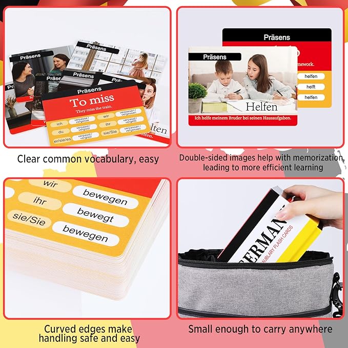 gisgfim 300 Pcs German Vocabulary Flash Cards Beginner Vocab with Pictures German Verb Conjugation Present Tense Memory & Sight Words Essential Translations Learn Language Cards in A Fun & Easy Way
