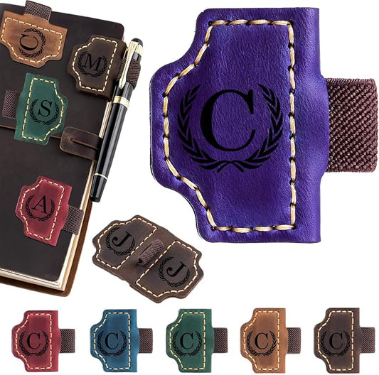 Artlaza Personalized Magnetic Leather Bookmark with Pen Holder - 26 Letters Custom Book Mark with Name Initial Engraved Book Marker for Readers, Book Lovers, Travelers - Gift for Women & Men(Purple，C