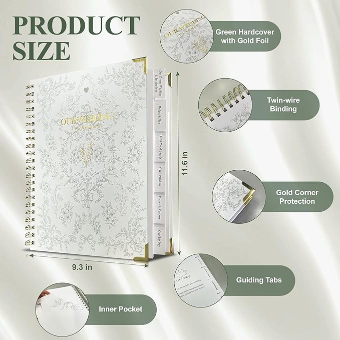 Bride Squad Wedding Planner Book and Organizer | Bridal Wedding Planner Book with Countdown Calendar & Checklists | A Thoughtful Engagement Gifts for Couples, Green & White Floral