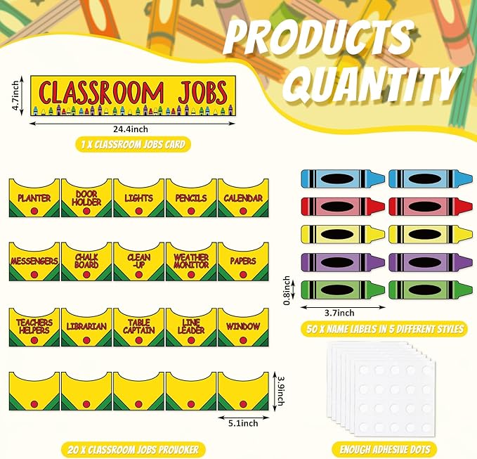 FYSUIMU Crayon Class Jobs Bulletin Board Set Colorful Classroom Jobs Pocket Chart with Name Cards Teacher's Helper Chalkboard Decor for Back to School Teacher Students Supplies, 71Pcs