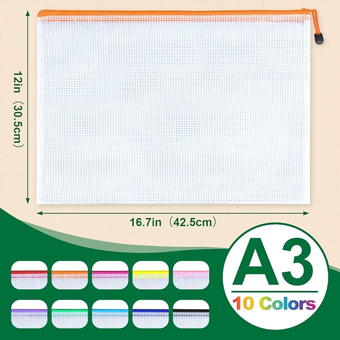 TUXIYA 30pcs Mesh Zipper Pouch Bags,A3 Letter Size,10 Colors 16.7"×12" Zipper Pouches for Organizing Storage,Mesh Bags with Zipper,for Puzzle Organizer,Board Games and Office Supplies