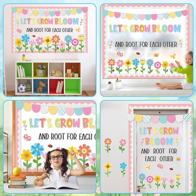 ZOIIWA Summer Bulletin Board Decorations Spring Bloom Flower Classroom Bulletin Board Borders Colorful Floral Butterfly Cutouts for Back to School Birthday Party Supplies School Home Office Wall Decor