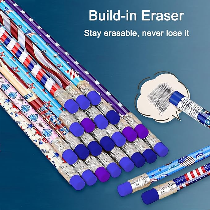 American Flag Themed Wood Pencils with Eraser, 48pcs Patriotic Pencils in 12 Designs, USA Flag Gifts Pencil for 4th of July USA Independence Day Parades Party Favors School Office Supplies