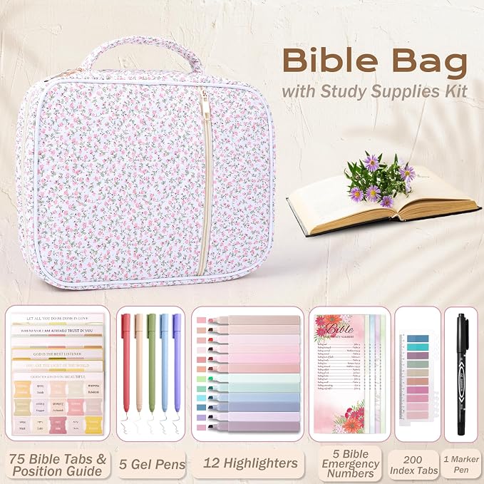 XKDOUS 30 Pcs Bible Cover Kit for Women Quilted Book Carrying Case Pink Bible Bag with Study Supplies Journaling Kit Large Church Book Holder Christian Gifts for Mother Lady