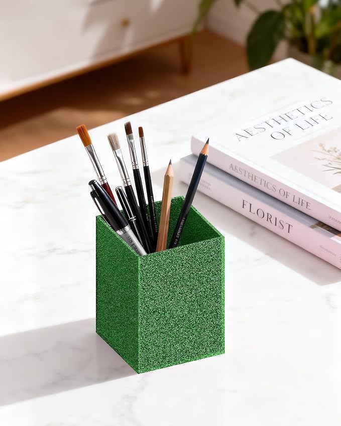 Green Glitter Acrylic Pen Holder, Acrylic Makeup Brush Storage Organizer, Pencil Pen Holder for Desk, Modern Desktop Accessories for Office School Home Supplies