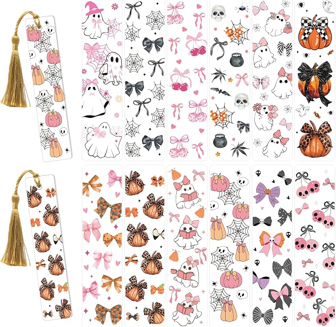 Halloween UV DTF Bookmark Wraps - 24 Sheets Cute Spooky Pumpkin Skeleton UV DTF Bookmark Stickers for Book Lovers, Pink Bows Spider Web Transfer Sticker DIY Blank Bookmarks Decoration (Stickers only)