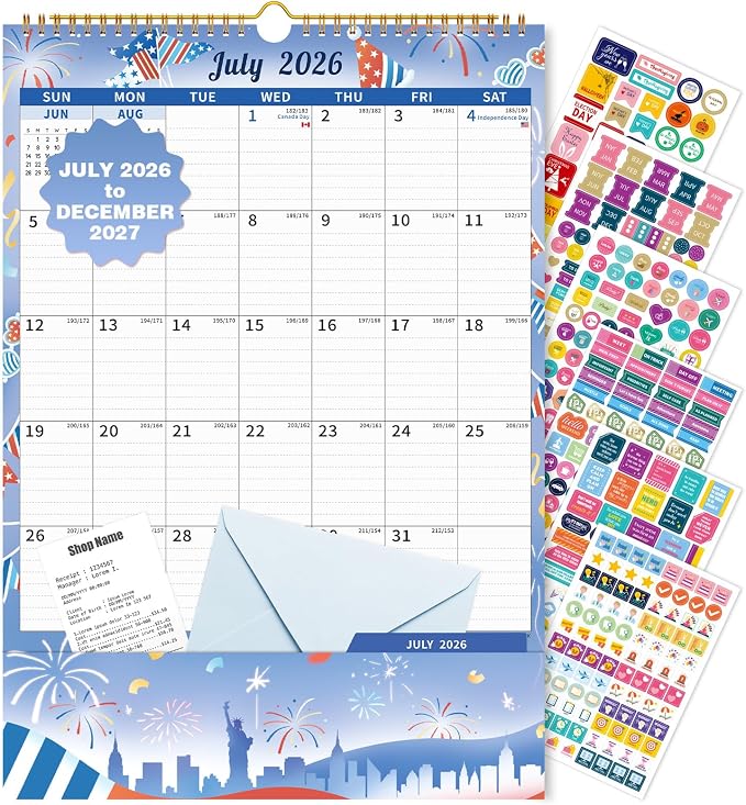 Ospelelf Wall Calendar 2026-2027 with Storage Pockets, 17" X 12" Monthly Large Planner Pad with Protective Cover and Stickers, for Family Fridge Office Teacher Student, Use July 2026 to December 2027 Season