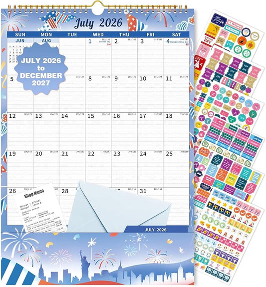 Ospelelf Wall Calendar 2026-2027 with Storage Pockets, 17" X 12" Monthly Large Planner Pad with Protective Cover and Stickers, for Family Fridge Office Teacher Student, Use July 2026 to December 2027 Season