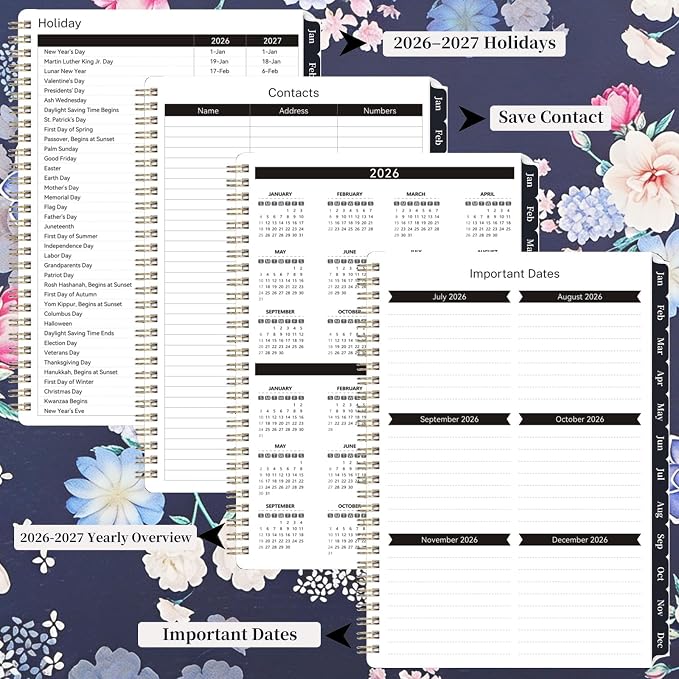 2026-2027 Planner, 12 Months Monthly & Weekly Daily Planner July 2026 - June 2027, 8.5" x 6.2" Hardcover Agenda Organizer with Tabs, Spiral Bound Calendar Notebook for School Work Home, Floral Design (Blue & Floral)