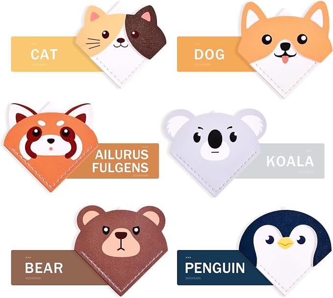 6 Pcs Cute Animal Shaped Leather Bookmarks, Adorable Corner Page Accessories, Animal Themed Book Page Holders, Durable Book Markers for Reading, Reading Gifts for Girls Women Teenage & Book Lovers