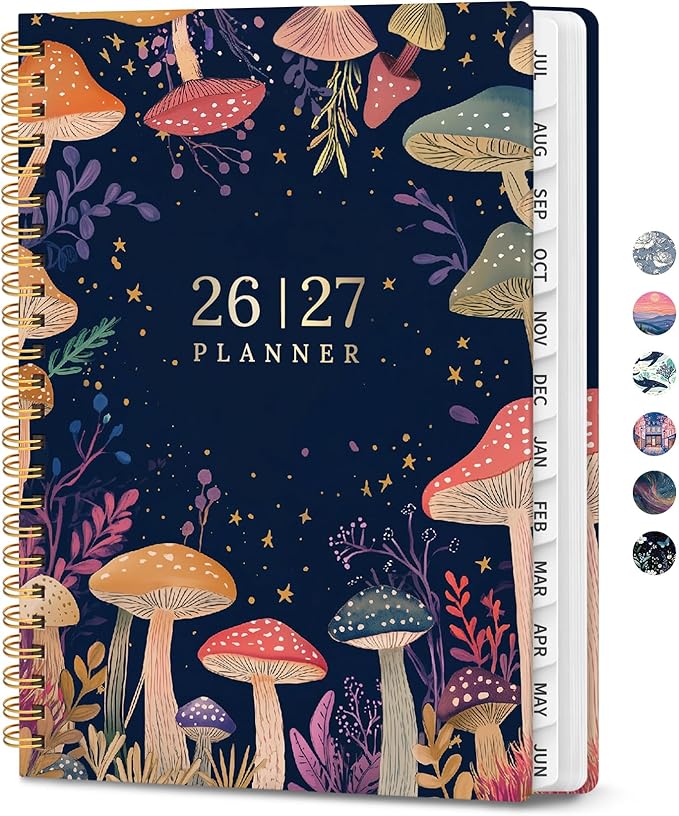 2026–2027 Academic Planner, Weekly and Monthly Planner for Women, July 2026 - June 2027, Pretty Hardcover 2026–2027 Academic Planner with Tabs, Inner Pocket, Spiral Bound, Perfect Office Home School Supplies - 6.3" x 8.5", Mushroom Party