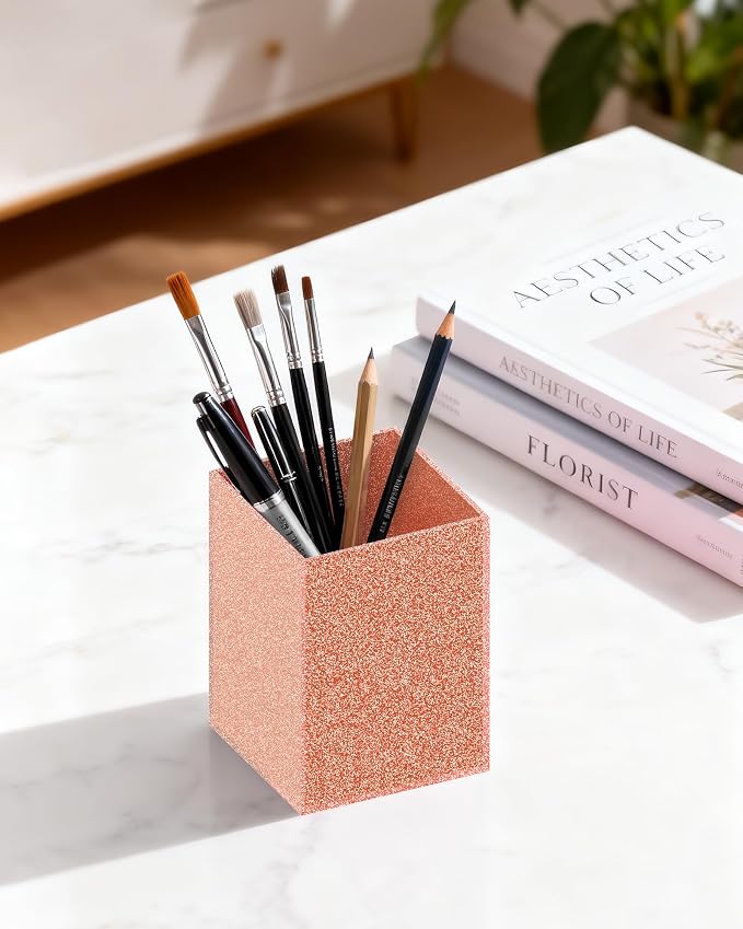 Light Pink Glitter Acrylic Pen Holder, Acrylic Makeup Brush Storage Organizer, Pencil Pen Holder for Desk, Modern Desktop Accessories for Office School Home Supplies
