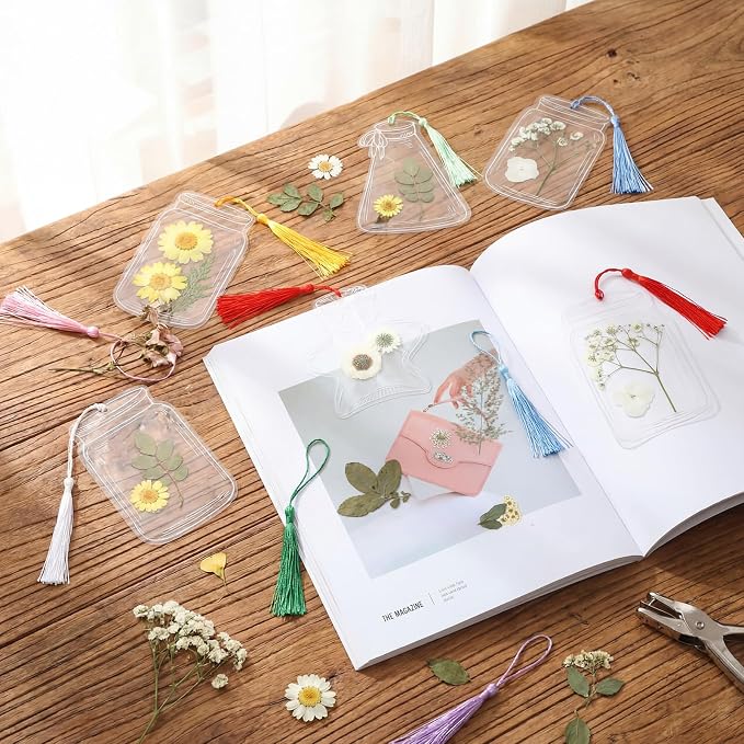 Tallew 81 Pcs DIY Dried Flower Bookmark Making Kit Include 40 Clear Transparent Bookmarks, 40 Colorful Tassels and Puncher, Handmade Craft Supplies for Women Girls Readers(Retro Style)