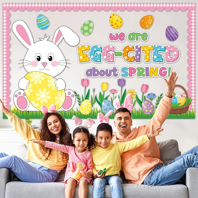 Easter Bulletin Board Set Spring Bunny Egg Flower Classroom Decorations We are Egg Cited About Spring Bulletin Board Bunny Cutouts for Happy Easter Classroom School Nursery Home Chalkboard Wall Decor