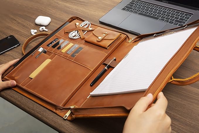 Genuine Leather Portfolio, Padfolio Organizer with Handle, Personalized Padfolio，Padfolio with Zipper for Men Women，Suitable for 15-inch Laptop Legal Pad Padfolio, Brown