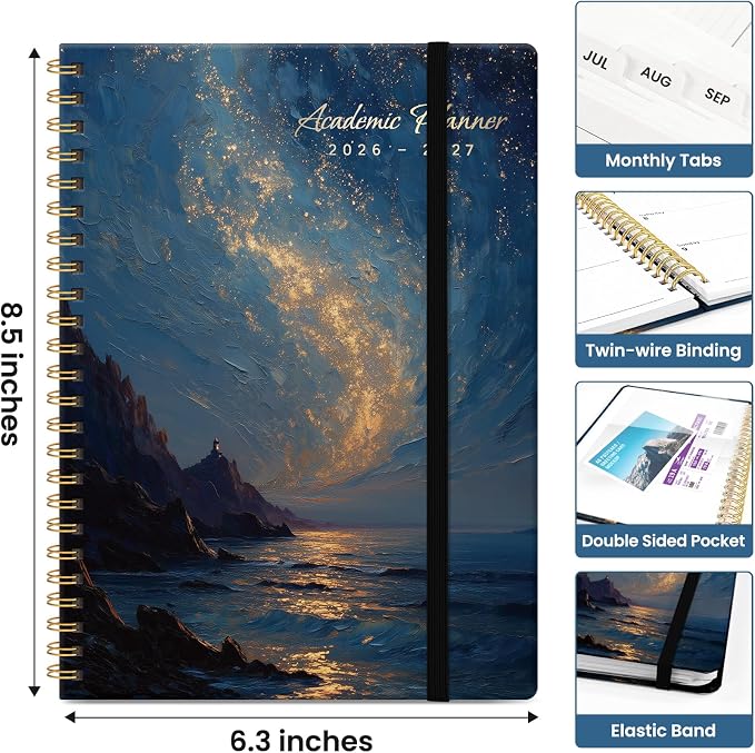 Planner 2026–2027, Academic Year Monthly & Weekly Calendar Book, Jul 2026–Jun 2027, Hardcover Organizer with Tabs, Student & Teacher Planner, 6.3" x 8.5", Golden Tide