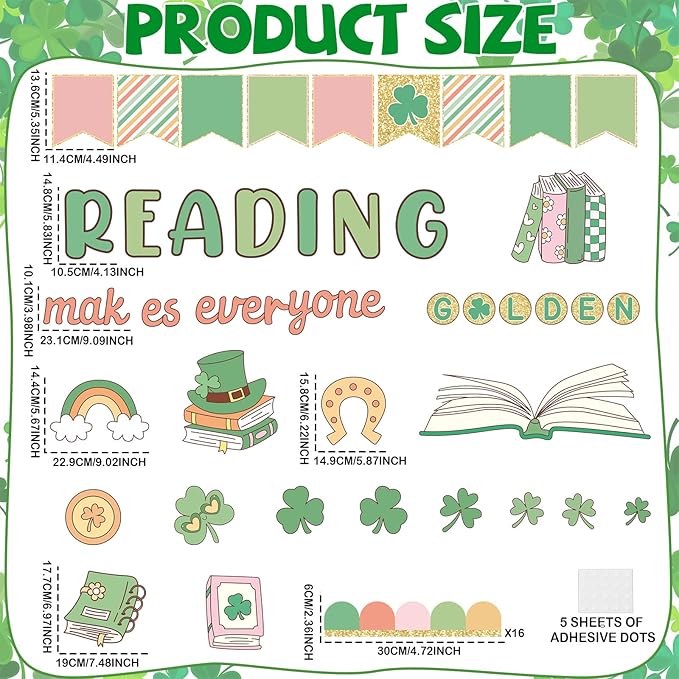 St. Patrick's Day Reading Bulletin Board Motivational Reading Bulletin Board Decor Lucky Shamrock Rainbow Gold Coin Paper Cutouts for St. Patrick Party Supplies Classroom Library Inspirational Decor