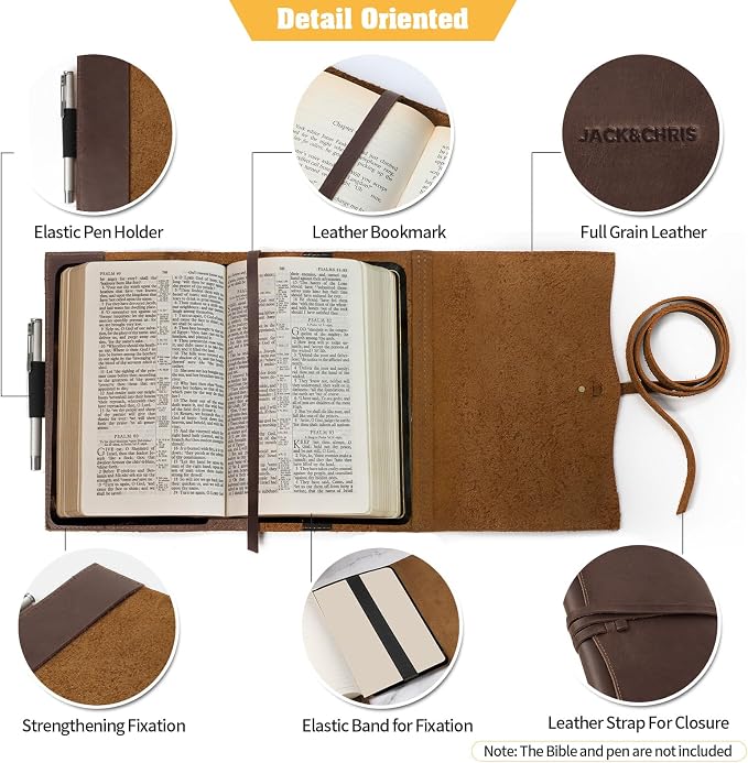 Jack&Chris Leather Bible Cover, Leather Book Cover for Men and Women, Bible Holder Strap Bible Cover Gifts, Red Brown Medium