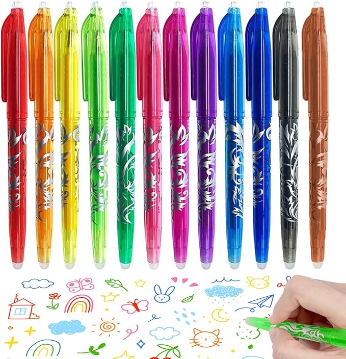 12 Pack 0.5 mm Erasable Gel Pens Rapid Dry Consistent Ballpoint with Ergonomic Grip for Writing Illustrating Fixing Rewritable Multicolor Pens for School Office Design