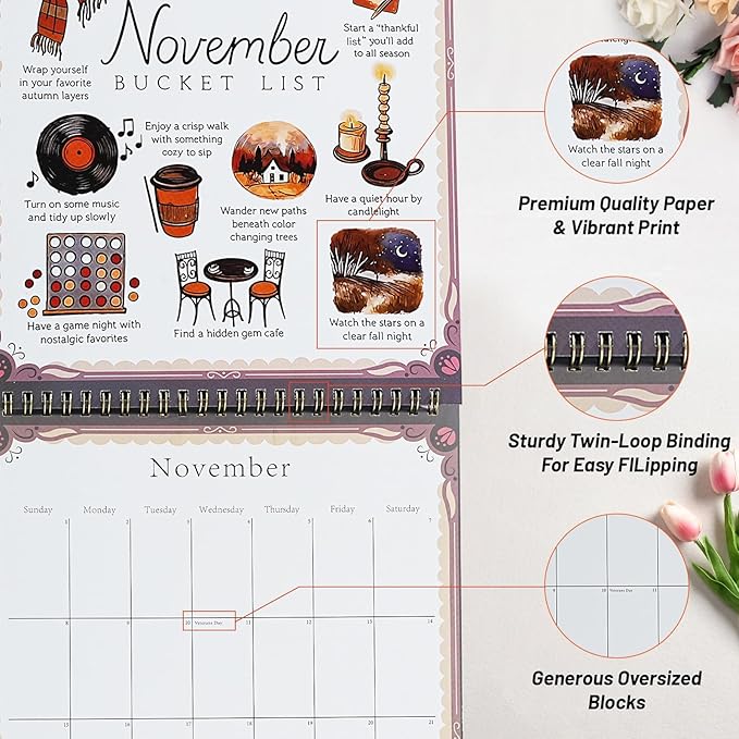 2026 Bucket List Calendar | 12-Month Wall Calendar with Illustrated Monthly Pages, Inspirational Monthly Goal Planner Spiral Wall Calendar, DIY-Friendly & Daily Prompts Women Gift for Friends (2026 Bucket List Calendar)