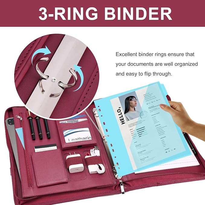 Leathario Portfolio Binder, Includes 5 Folder Index Dividers, 13 Inch Tablets Organizer with Handle, Vegan Leather A4 Padfolio, Multi-Pocket Notepad Business Planner Professional Document
