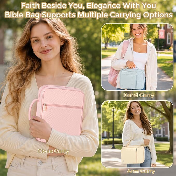 XKDOUS Bible Cover Case for Women, Large Bible Cover with Durable Handle, Washable Quilted Bible Case, Bible Study Supplies & Christian Gifts for Mom, Women, Men (Light Yellow)