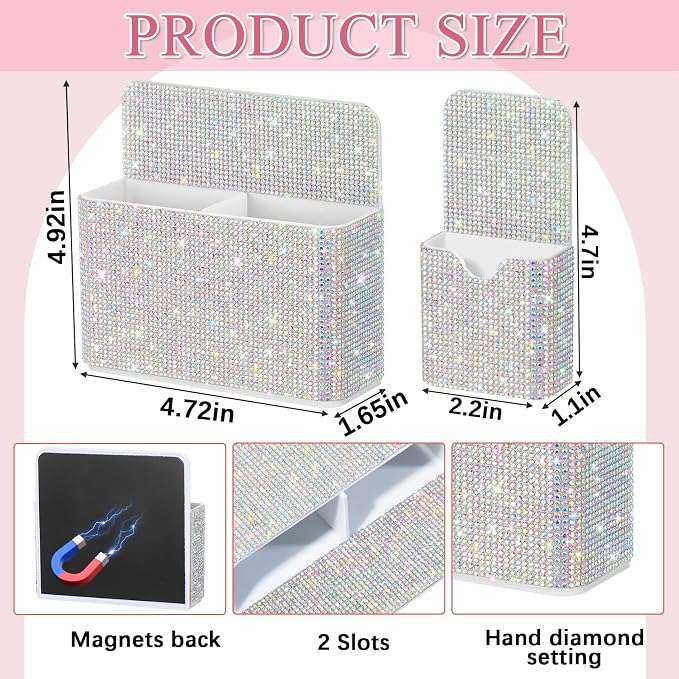 MotiMind 2 Pcs White Bling Magnetic Marker Holder Women Girl Locker Accessories Marker Pen Pencil Holder for Refrigerator Whiteboard Sparkly Gift Desk Organizer for School Office (Rhinestone)