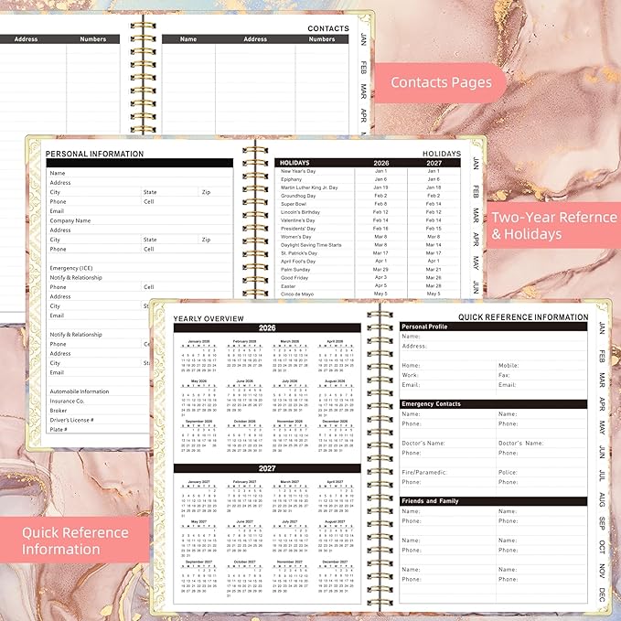 2026 Planner, Jan.2026 - Dec.2026 Weekly Monthly Planner 6.25"x8.5" with Page Tabs, Calendar Hardcover with Inner Pocket, Elastic Band,Twin-Wire Binding,Bookmark, Salmon Pink Marble