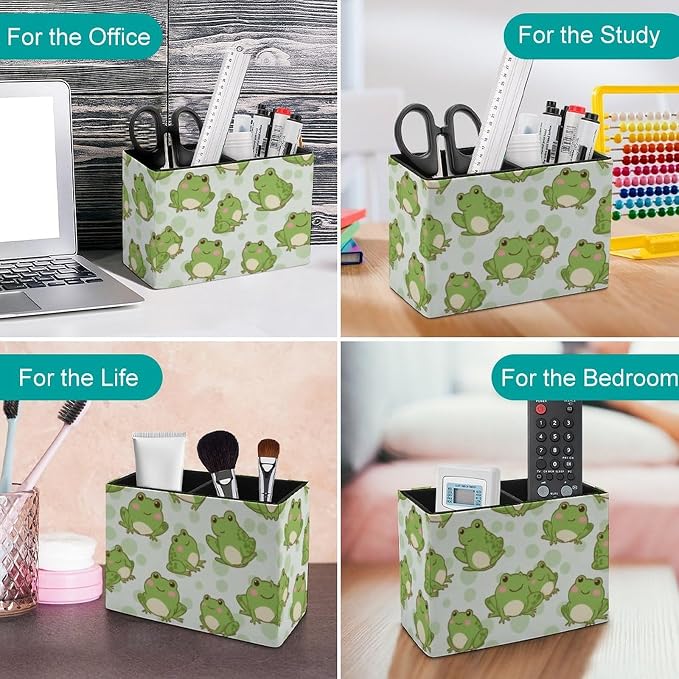 Desk Organizer Pen Holder Cute Frog, Square Multi-Functional Pencil Container for Decoration Home and Office, PU Leather Pen Container