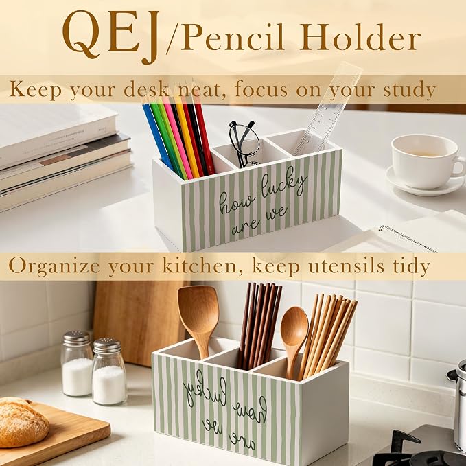 How Lucky Are We Motivational Pen Holder for Desk, Sage Green Striped Positive Affirmations Wooden Box Pencil Pen Organizer for Home Office Classroom Desk Tabletop