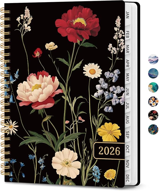 2026 Planner, Monthly and Weekly Calendar Planner for Women, Jan 2026 - Dec 2026, Hardcover Pretty 2026 Agenda Planner Book with Tabs, Spiral Bound, Perfect for School Office Home Supplies, 6.3" x 8.5" - Peony Bloom