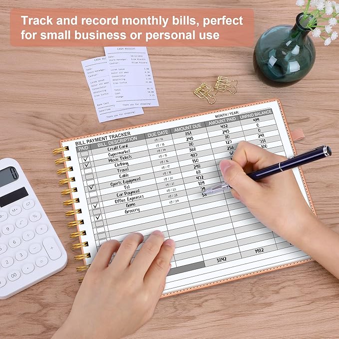 HAUTOCO Hardcover Bill Tracker Notebook Horizontal Monthly Bill Payment Organizer for Personal Budgeting Home Finance with 2 Storage Pocket Expense Checklist Tracking Planner 10.78 x 8'', Pink
