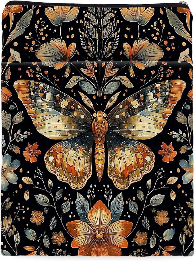 Vintage Flower Butterfly William Morris Book Sleeve for Book Lovers, Bookish Book Protector with Zipper, Washable Fabric Book Cover for Paperbacks,11.4 x 9.1Inches (Black-Butterfly, Medium)