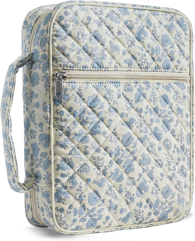 WOBAGMEN Bible Cover Case for Women,Large Bible Tote Bags Organizer Quilted Carrying Case for Girls,Bible Study Supplies Accessories Christian Gifts for Women (Blue Floral, M)