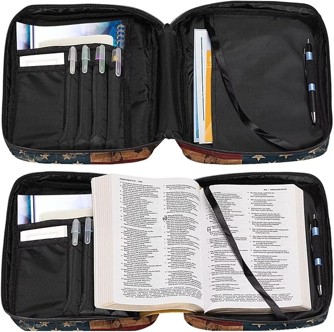 Suobstales American Flag Cross Print Bible Covers for Women Men Bible Case Bible Bag Bible Accessories with Handle and Zippered Pocket Bible Tote Bag for Women Men