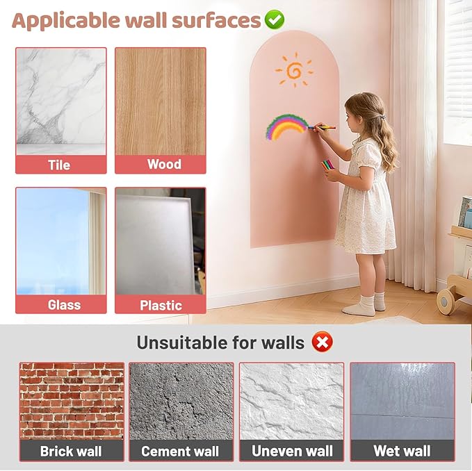 Magnetic Wall Decal 40 x 18In Arch Magnetic Chalkboard for Wall, Magnet Wall Drawing Learning for Playroom, School, Home (Light Pink
