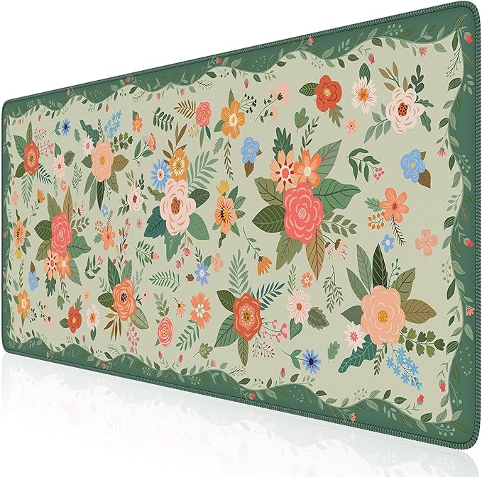 HAOCOO Cute Green Desk Mat, Floral Keyboard & Mouse Pad for Office/School/Home, Waterproof Large Desktop Mat, Non-Slip Cubicle Decor with Stitched Edge, Desk Pad Protector Girly Supplies