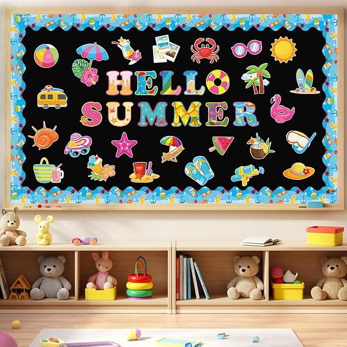 71 Pcs Hello Summer Bulletin Board Set Hawaiian Beach Slippers Sun DIY Borders Bulletin Trim Home School Hawaiian Tropical Party Supplies for Back to School Classroom Chalkboard Wall Door Decor