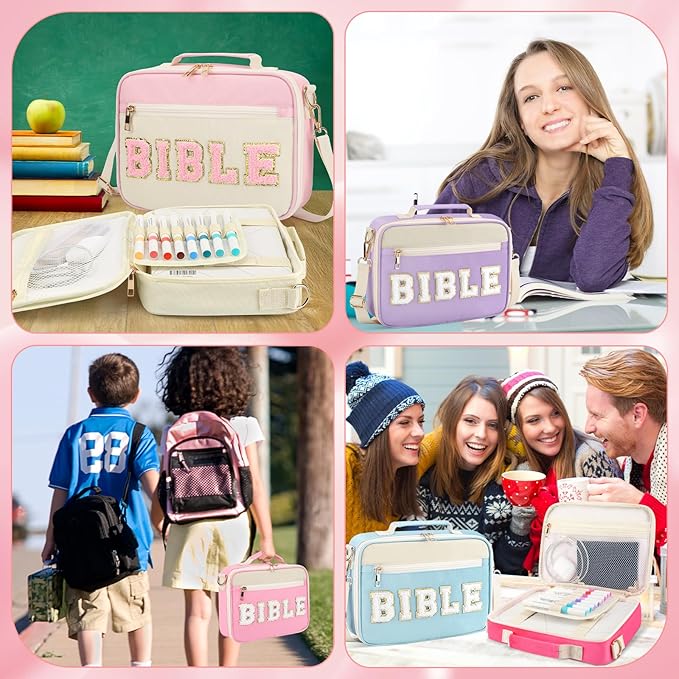 Bible Cover Case for Women Grils, Preppy Bible Bag with Adjustable Shoulder Strap, Waterproof Bible Carrying Tote Bags Holder for Bible Study Supplies Accessories & Christian Gifts (Rose Red)