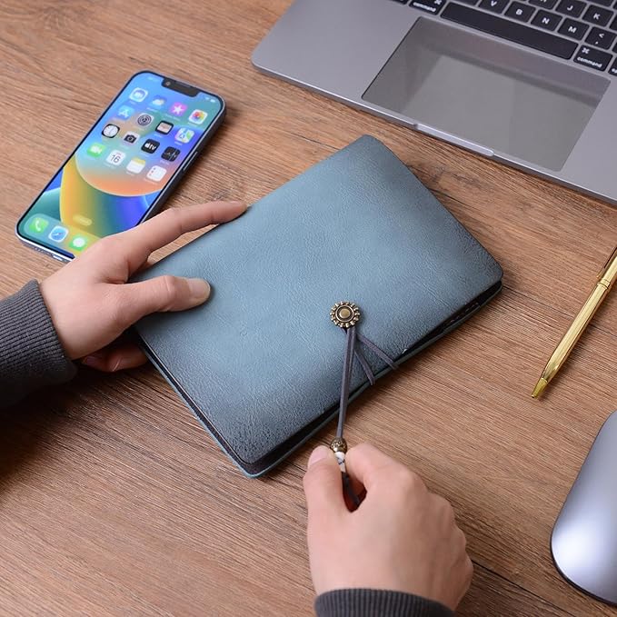 Wonderpool Leather Journal Lined Paper Notebook & Pen - Refillable 6 Ring Binder Writing Spiral Diary with Ruled Notepads Vintage Cover for Office Travel Work and Plan Agenda (A6, a-Cyan)
