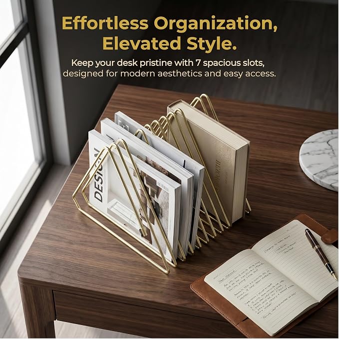 Gold Expandable Bookends, 7-Section, 2"-15.7" | 7 Slot Adjustable Book Rack, Telescoping Desktop Organizer, Metal Magazine Vinyl Record Stand, For Office Home Decor