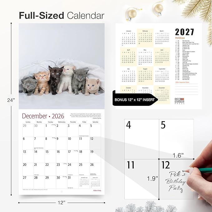 RED EMBER Select - Kitten Party 2026 Wall Calendar 12 Month | 12" x 24" Open | Thick & Sturdy Paper | Giftable | Cute Kitten Cat Calendar 2026