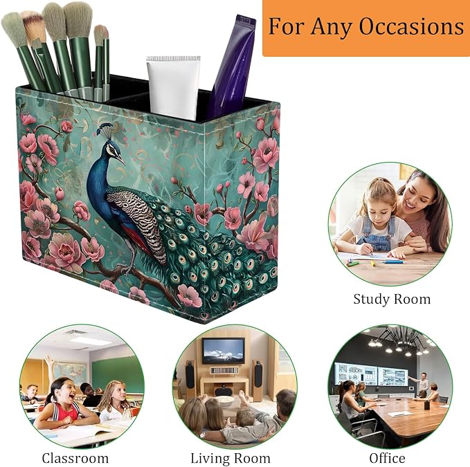 Pen Holder for Desk, PU Leather Multifunctional Desktop Storage Box and Anti-Slip Mouse Pad Set, Makeup Brush Holder Pen Organizer for Office and Home - Peacock