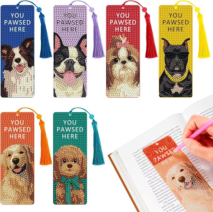 6 Pack Diamond Art Bookmark Kit, Dog Theme with Tassels - Great Gift for Book Lovers and Readers