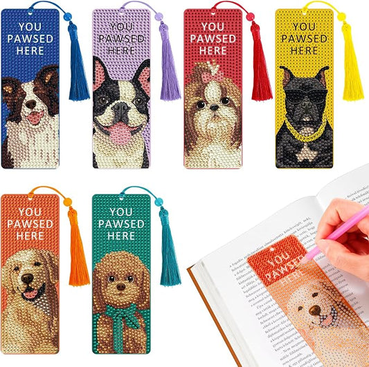 6 Pack Diamond Art Bookmark Kit, Dog Theme with Tassels - Great Gift for Book Lovers and Readers