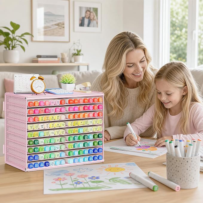 Marbrasse Mesh Marker Organizer, Metal Desktop Storage Rack for 126 Markers, Pens, Pencils, 9 Tier Marker Holder for Office Classroom & Home Art Supplies(Pink)