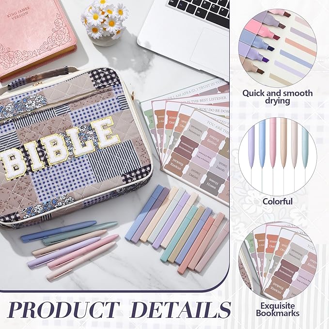 Sinload Quilted Bible Cover Case for Women 12 x 9 x 2.5 Inch Bible Chenille Letter Bag with Shoulder Strap Carrying Tabs 6 Colored Pens 12 Highlighters Christian Church Study Gifts(Dark,Splicing)