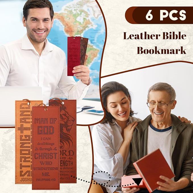 Glenmal 6 Pcs Leather Bible Verse Bookmark for Men Christian Religious Scripture Bookmarks Strong and Courageous Lion Book Marks with Inspirational Verse Christmas Father's Day Church Gifts for Men