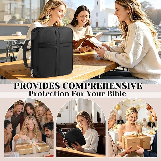 XKDOUS Large Bible Cover, Bible Bag with Handle, Durable Cross Design Bible Case with Bible Accessories, Bible Cover Case for Women and Men, Christian Gift (Black)